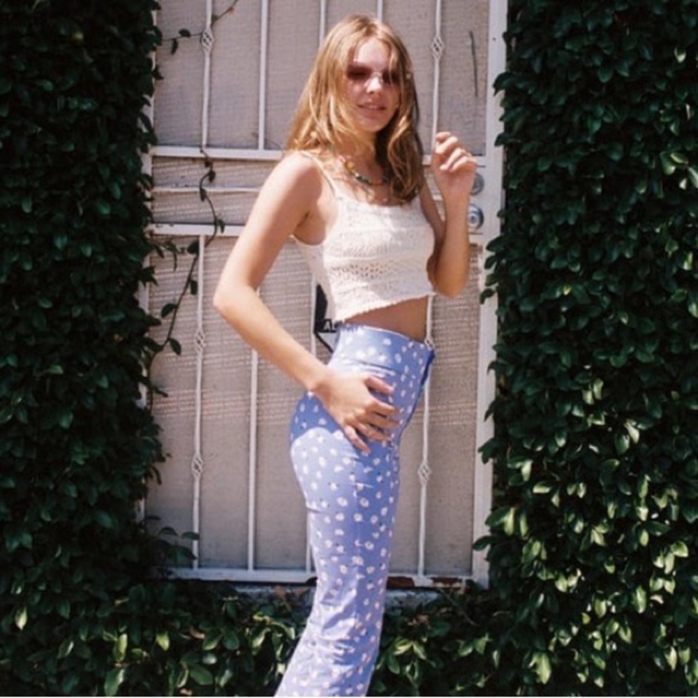 ZARA Women’s Blue Cornflower Cropped Daisy Flower Print Pants Capris